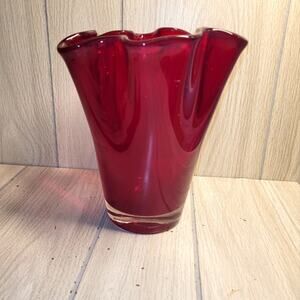 Vtg 70s Elegant Ruby Red Glass Handkerchief Vase Large Thick MCM Murano Style